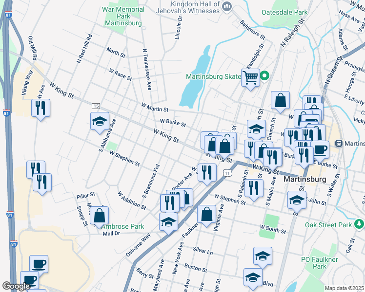 map of restaurants, bars, coffee shops, grocery stores, and more near 801 West King Street in Martinsburg