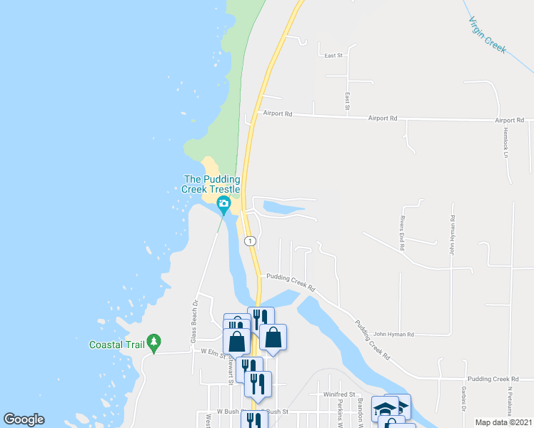 map of restaurants, bars, coffee shops, grocery stores, and more near 1184 North Main Street in Fort Bragg