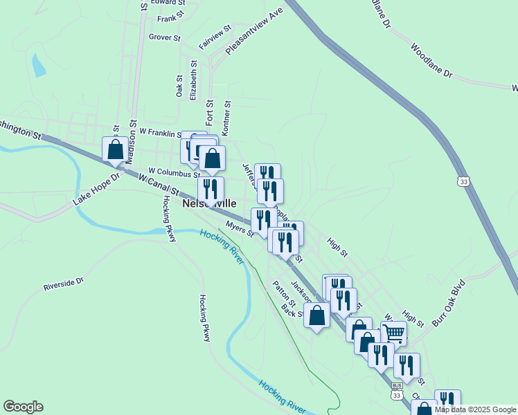 map of restaurants, bars, coffee shops, grocery stores, and more near 189 Fayette Street in Nelsonville