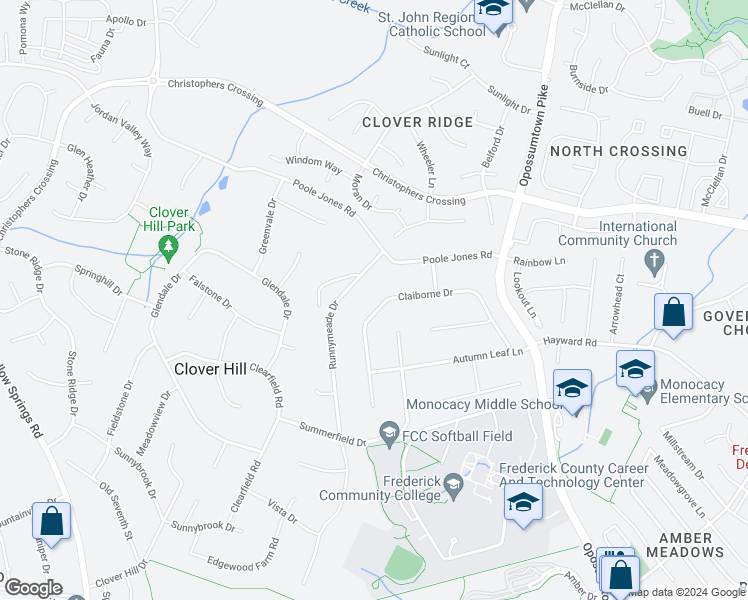 map of restaurants, bars, coffee shops, grocery stores, and more near 8134 Claiborne Drive in Frederick