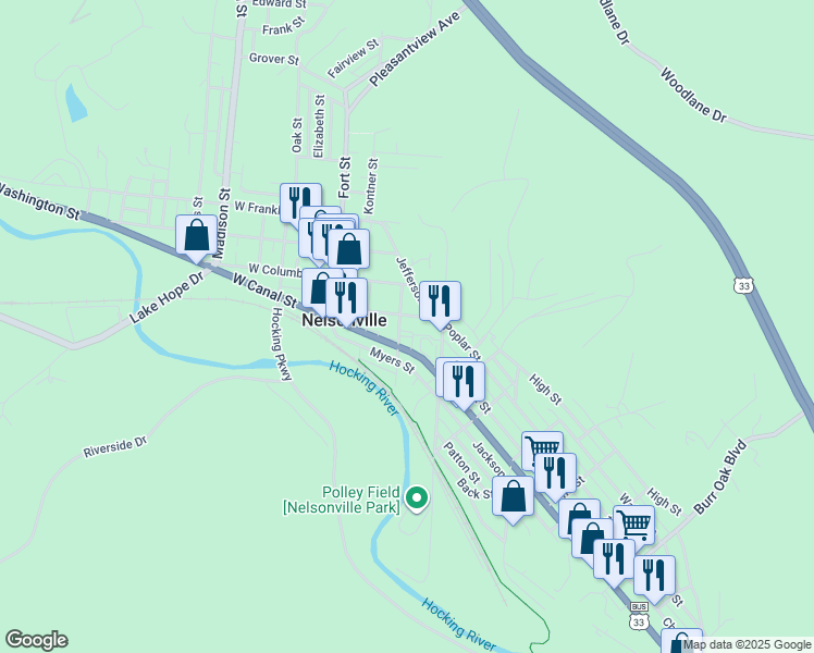 map of restaurants, bars, coffee shops, grocery stores, and more near 122 Fayette Street in Nelsonville