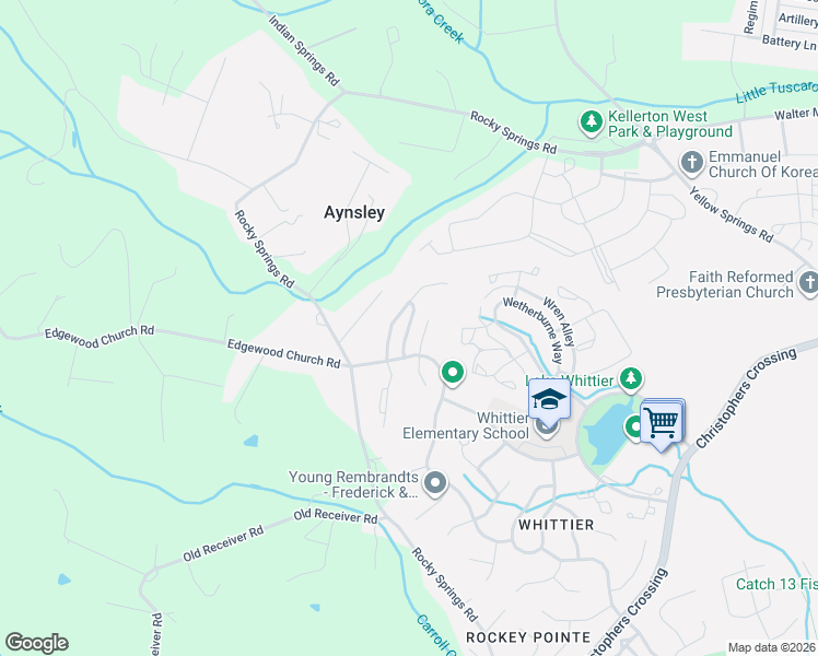 map of restaurants, bars, coffee shops, grocery stores, and more near Buxton Terrace in Frederick