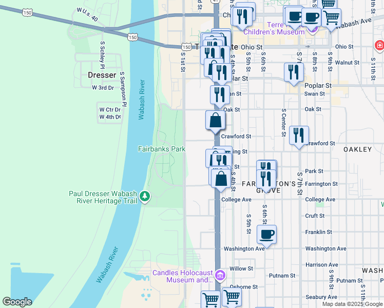 map of restaurants, bars, coffee shops, grocery stores, and more near 101 Crawford Street in Terre Haute