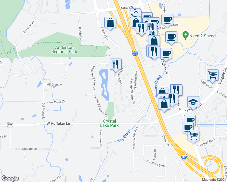 map of restaurants, bars, coffee shops, grocery stores, and more near 7519 Whimbleton Way in Reno