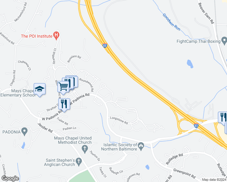 map of restaurants, bars, coffee shops, grocery stores, and more near 404 Rockfleet Road in Lutherville-Timonium
