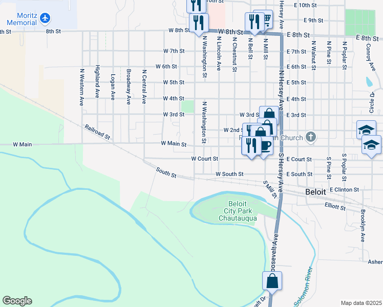 map of restaurants, bars, coffee shops, grocery stores, and more near 114 South Independence Avenue in Beloit