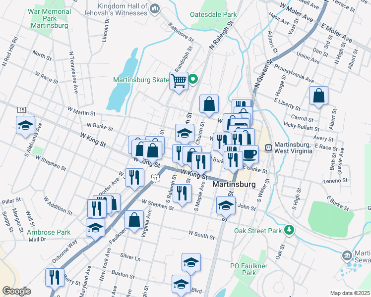 map of restaurants, bars, coffee shops, grocery stores, and more near 422 West Burke Street in Martinsburg