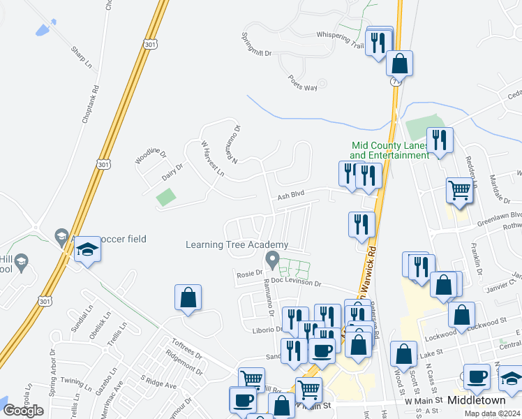 map of restaurants, bars, coffee shops, grocery stores, and more near 110 Vincent Circle in Middletown