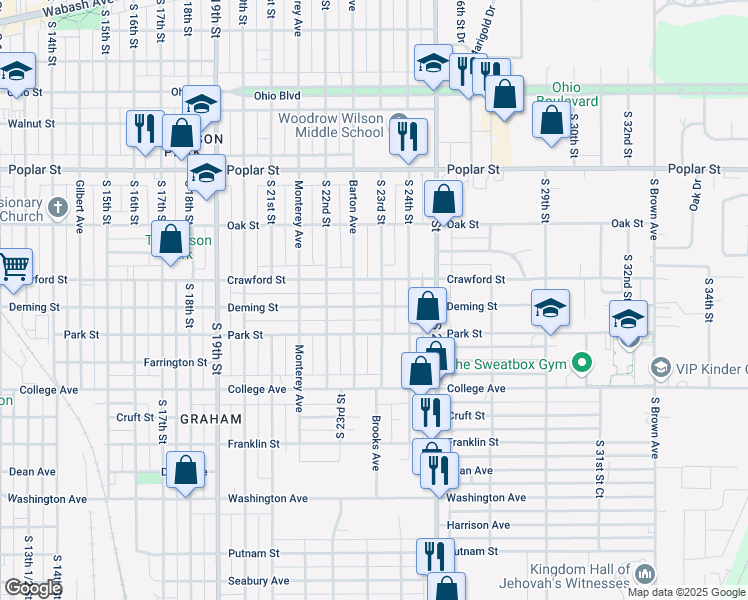 map of restaurants, bars, coffee shops, grocery stores, and more near 714 South 23rd Street in Terre Haute