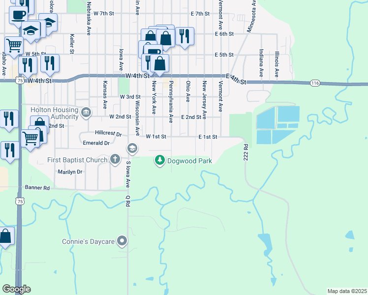 map of restaurants, bars, coffee shops, grocery stores, and more near 201-245 East 1st Street in Holton