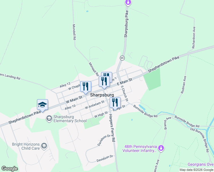map of restaurants, bars, coffee shops, grocery stores, and more near 113 E Main St in Sharpsburg
