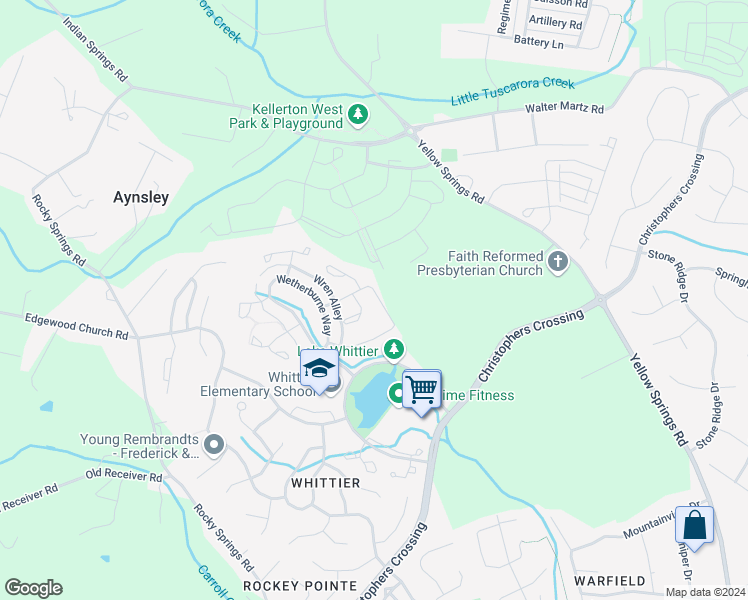 map of restaurants, bars, coffee shops, grocery stores, and more near 2473 Lakeside Drive in Frederick