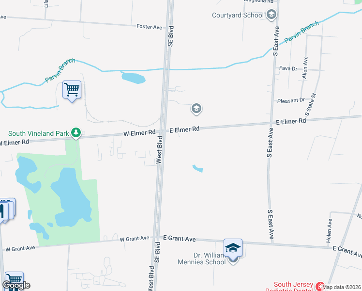 map of restaurants, bars, coffee shops, grocery stores, and more near 85 East Elmer Road in Vineland
