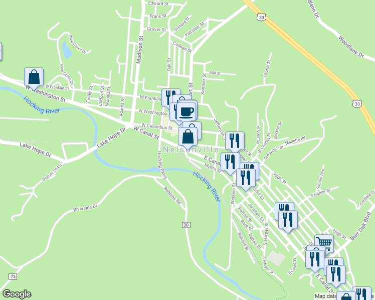 map of restaurants, bars, coffee shops, grocery stores, and more near 0 Old U.S. 33 in Nelsonville