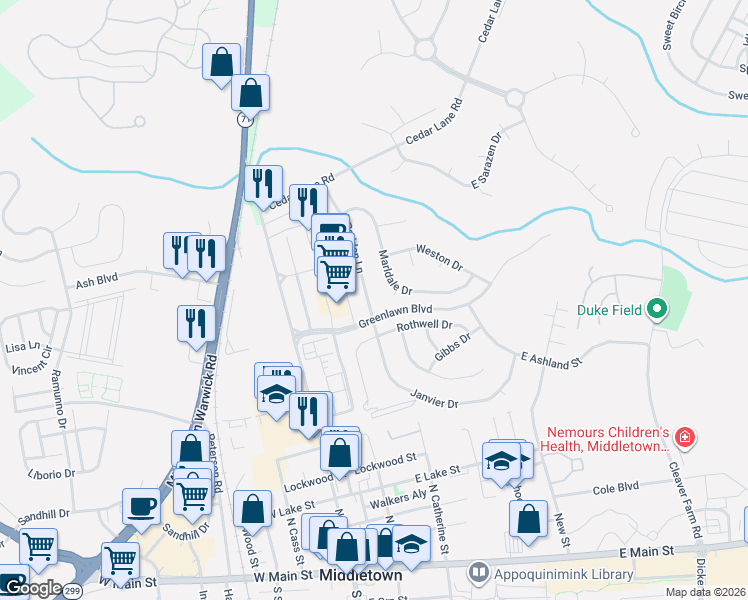 map of restaurants, bars, coffee shops, grocery stores, and more near 342 Marldale Drive in Middletown