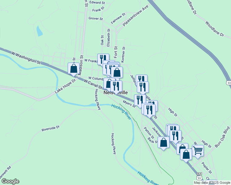 map of restaurants, bars, coffee shops, grocery stores, and more near in Nelsonville