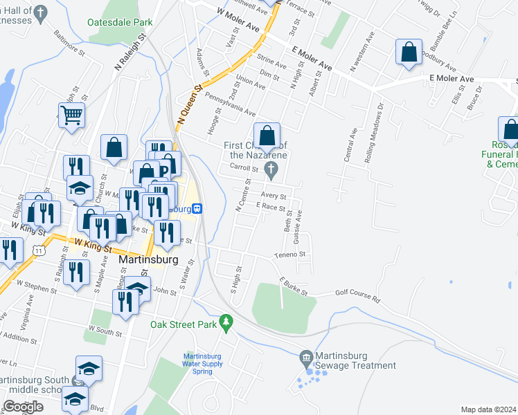 map of restaurants, bars, coffee shops, grocery stores, and more near 232 North High Street in Martinsburg