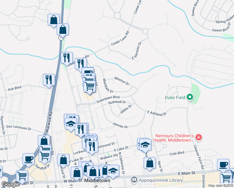 map of restaurants, bars, coffee shops, grocery stores, and more near 359 Marldale Drive in Middletown