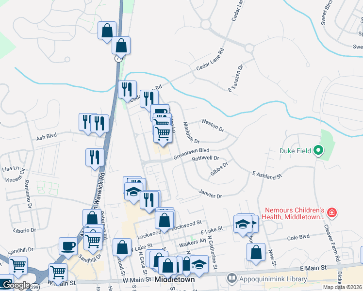 map of restaurants, bars, coffee shops, grocery stores, and more near 342 Marldale Drive in Middletown