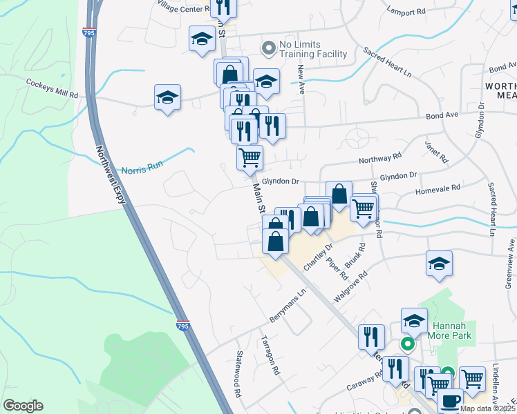 map of restaurants, bars, coffee shops, grocery stores, and more near 414 Main Street in Reisterstown
