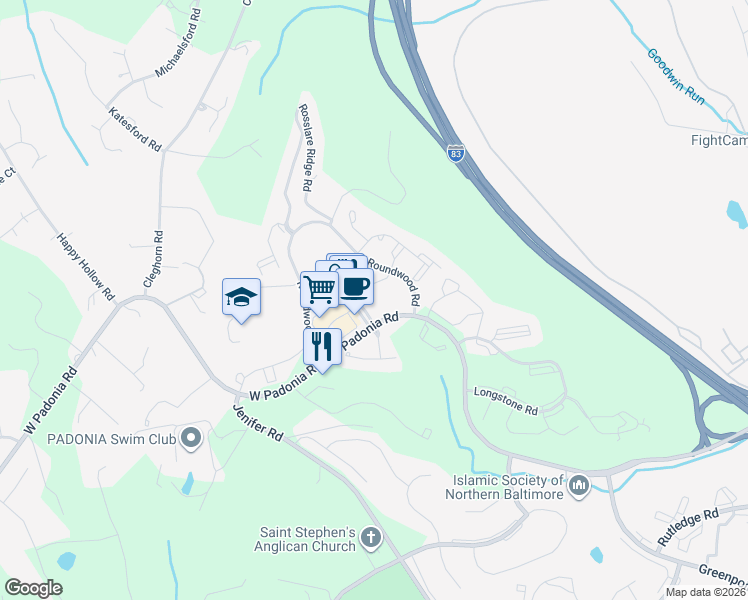 map of restaurants, bars, coffee shops, grocery stores, and more near 12221 Tullamore Road in Lutherville-Timonium