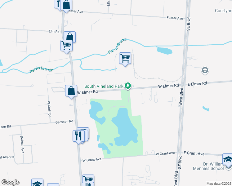 map of restaurants, bars, coffee shops, grocery stores, and more near 493 West Elmer Road in Vineland