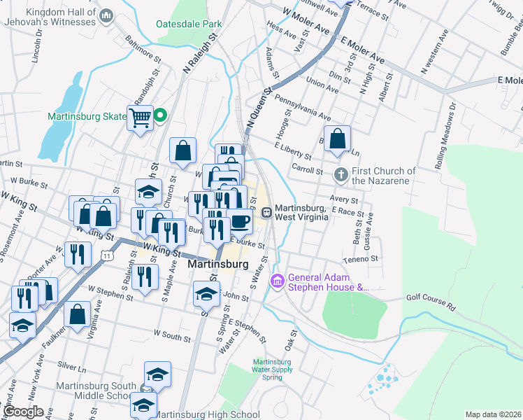map of restaurants, bars, coffee shops, grocery stores, and more near 219 East Martin Street in Martinsburg