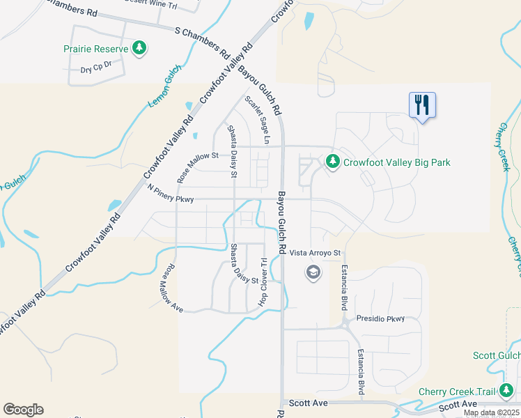 map of restaurants, bars, coffee shops, grocery stores, and more near 17583 Birds Foot Trail in Parker