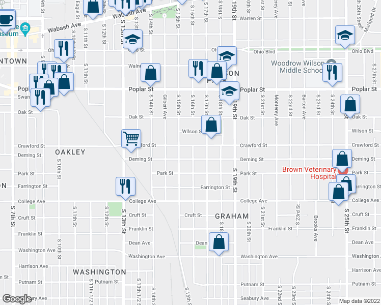 map of restaurants, bars, coffee shops, grocery stores, and more near 715 South 16th Street in Terre Haute