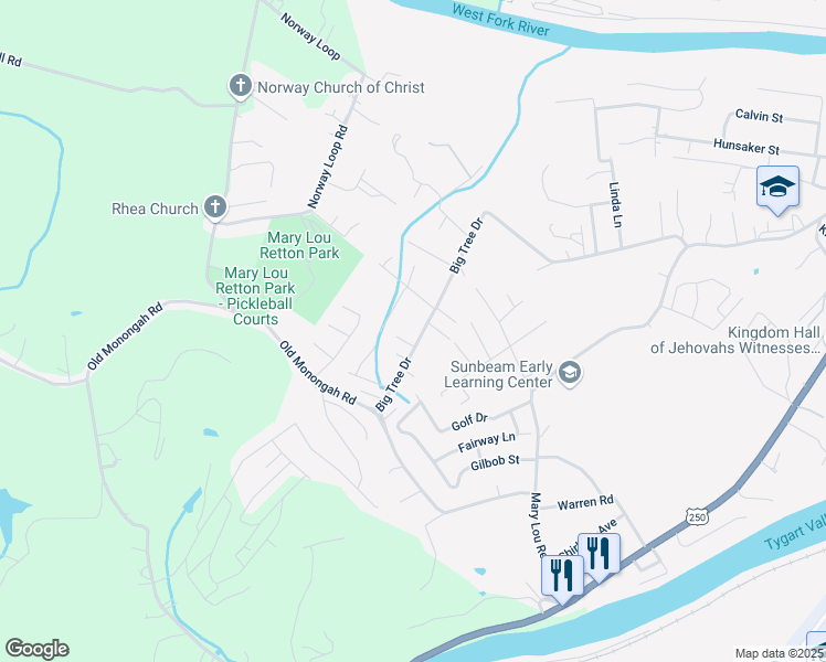 map of restaurants, bars, coffee shops, grocery stores, and more near 839 Big Tree Drive in Fairmont