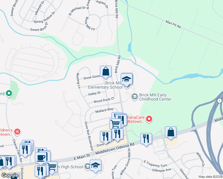 map of restaurants, bars, coffee shops, grocery stores, and more near 735 Wood Duck Court in Middletown