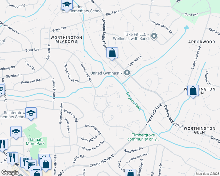 map of restaurants, bars, coffee shops, grocery stores, and more near 1 Brampton Court in Reisterstown