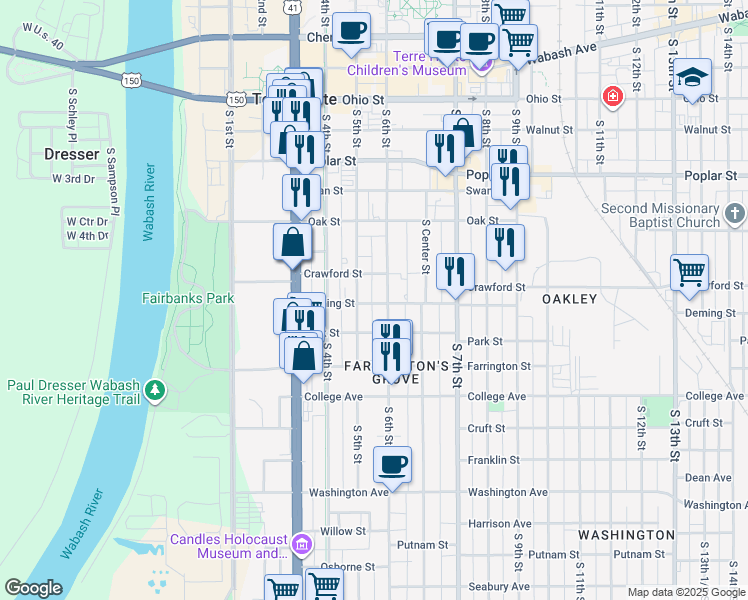 map of restaurants, bars, coffee shops, grocery stores, and more near 722 South 5th Street in Terre Haute