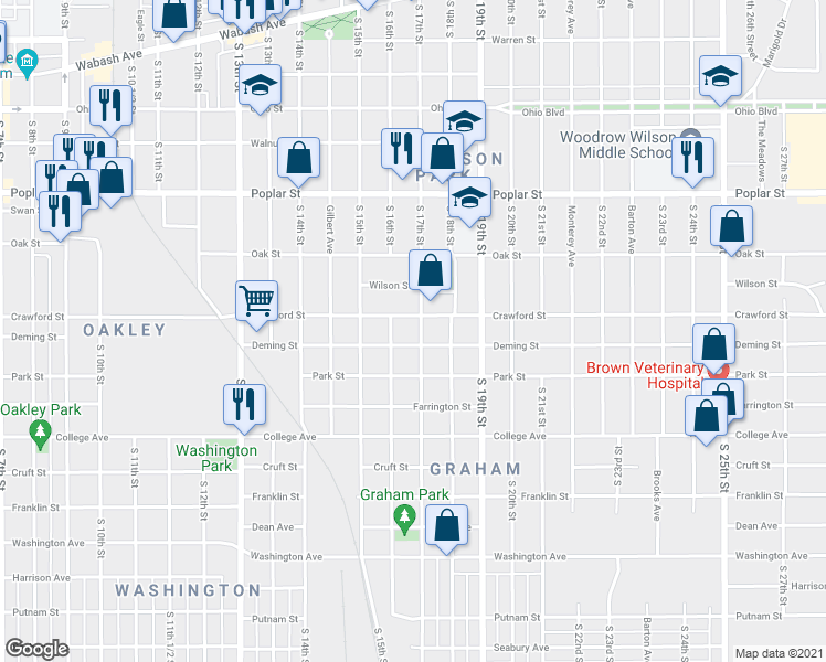 map of restaurants, bars, coffee shops, grocery stores, and more near 1605 Crawford Street in Terre Haute