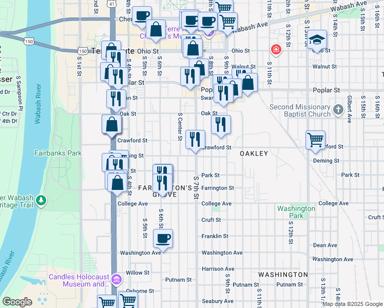 map of restaurants, bars, coffee shops, grocery stores, and more near 720 South Center Street in Terre Haute