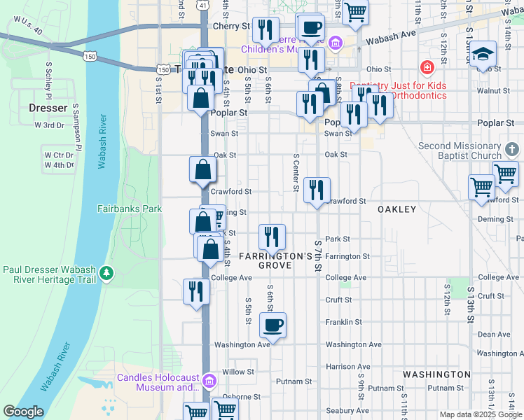 map of restaurants, bars, coffee shops, grocery stores, and more near 722 South 5th Street in Terre Haute