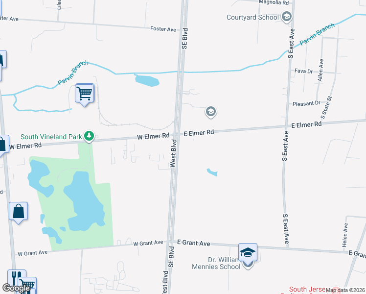 map of restaurants, bars, coffee shops, grocery stores, and more near 85 East Elmer Road in Vineland