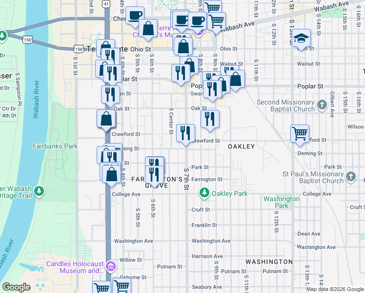 map of restaurants, bars, coffee shops, grocery stores, and more near 720 South Center Street in Terre Haute
