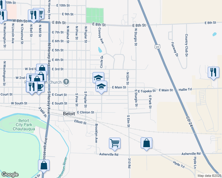 map of restaurants, bars, coffee shops, grocery stores, and more near 800 East Main Street in Beloit