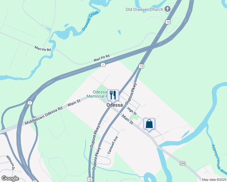 map of restaurants, bars, coffee shops, grocery stores, and more near 201 Mechanic Street in Odessa