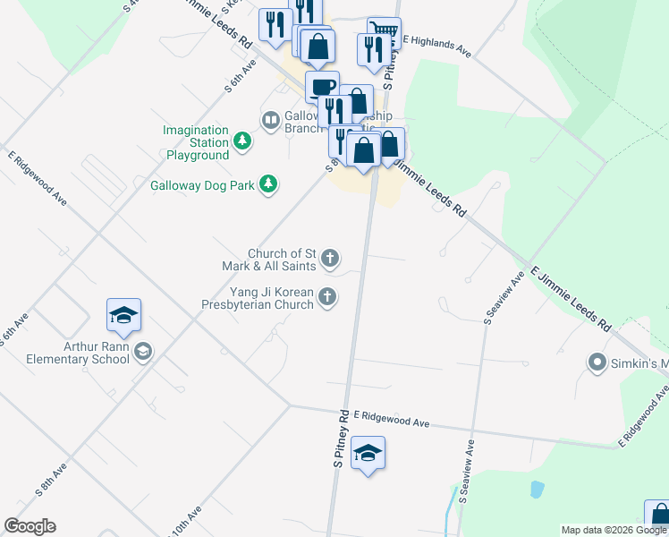 map of restaurants, bars, coffee shops, grocery stores, and more near 429 South Pitney Road in Galloway