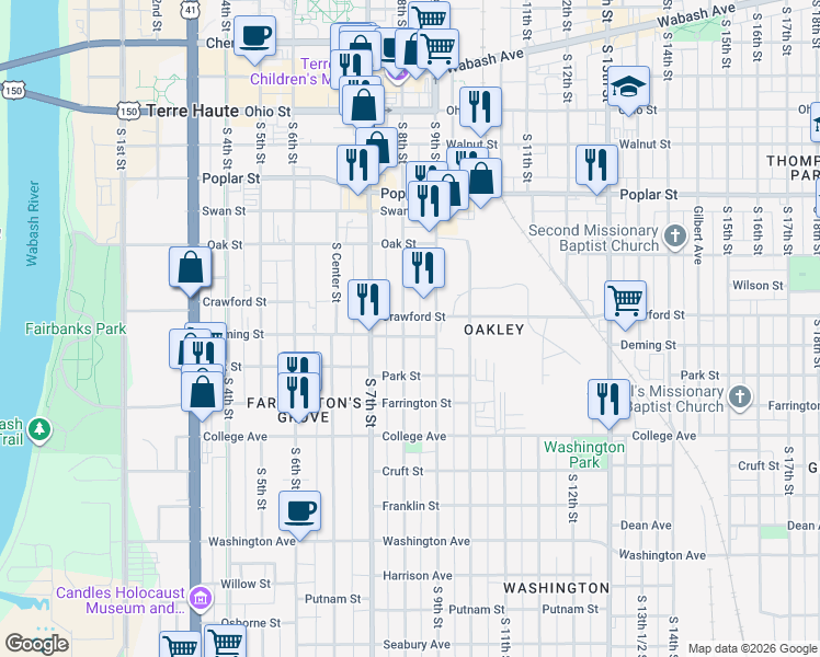 map of restaurants, bars, coffee shops, grocery stores, and more near 710 South 8th Street in Terre Haute
