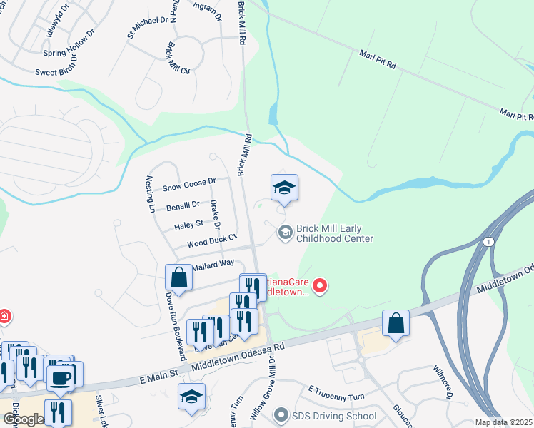 map of restaurants, bars, coffee shops, grocery stores, and more near 378 Brick Mill Road in Middletown