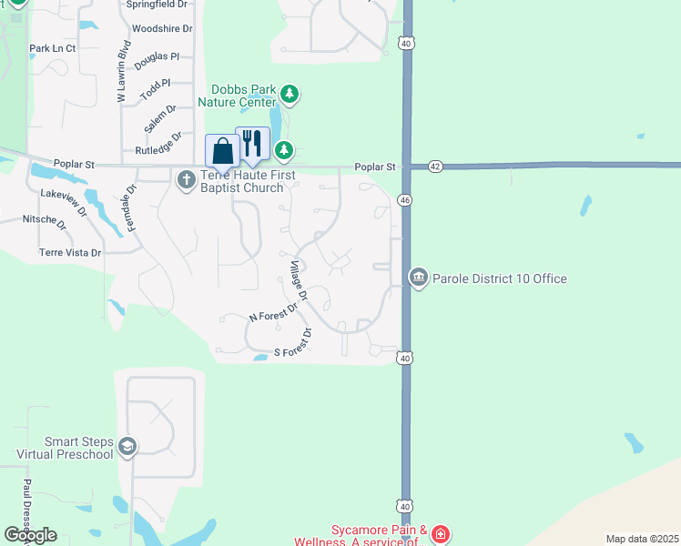 map of restaurants, bars, coffee shops, grocery stores, and more near 619 Frontier Court in Terre Haute