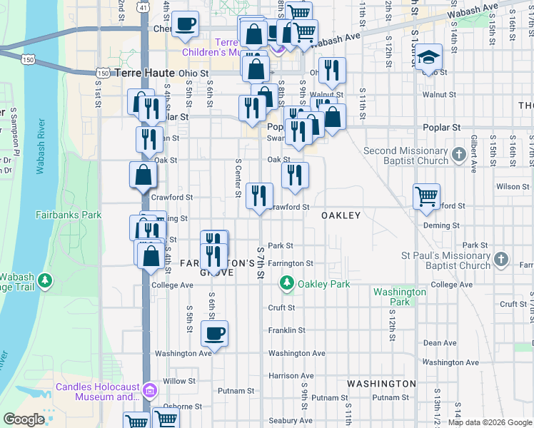 map of restaurants, bars, coffee shops, grocery stores, and more near 708 South 7th Street in Terre Haute