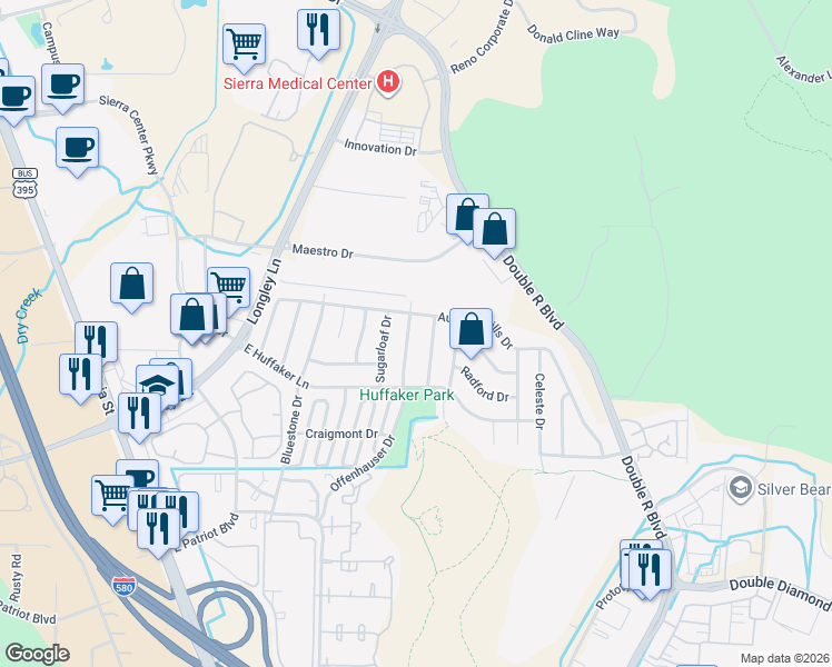 map of restaurants, bars, coffee shops, grocery stores, and more near 7252 Offenhauser Dr in Reno
