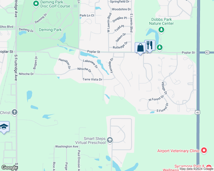 map of restaurants, bars, coffee shops, grocery stores, and more near 150 Lakeview Drive in Terre Haute