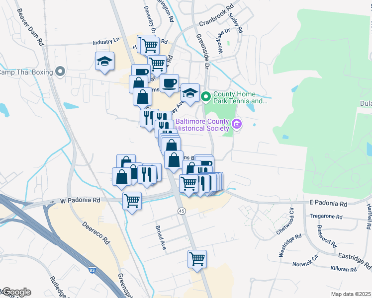 map of restaurants, bars, coffee shops, grocery stores, and more near 9 Jefferson Avenue in Cockeysville