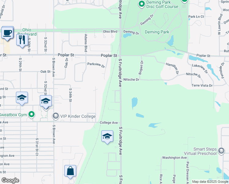 map of restaurants, bars, coffee shops, grocery stores, and more near 1101 South Fruitridge Avenue in Terre Haute