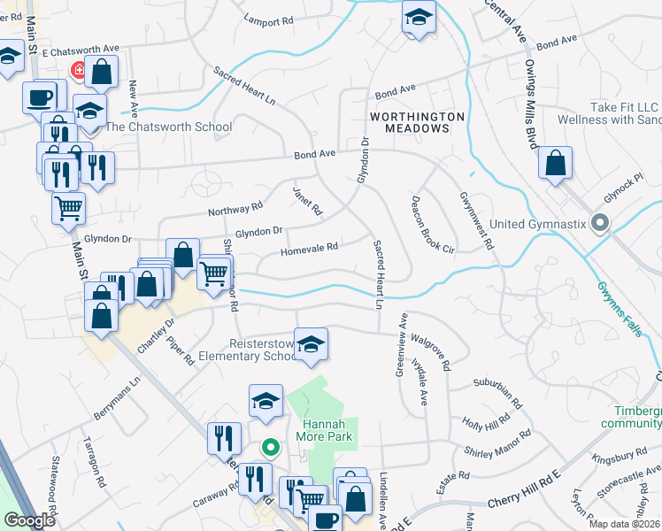 map of restaurants, bars, coffee shops, grocery stores, and more near 236 Highmeadow Road in Reisterstown